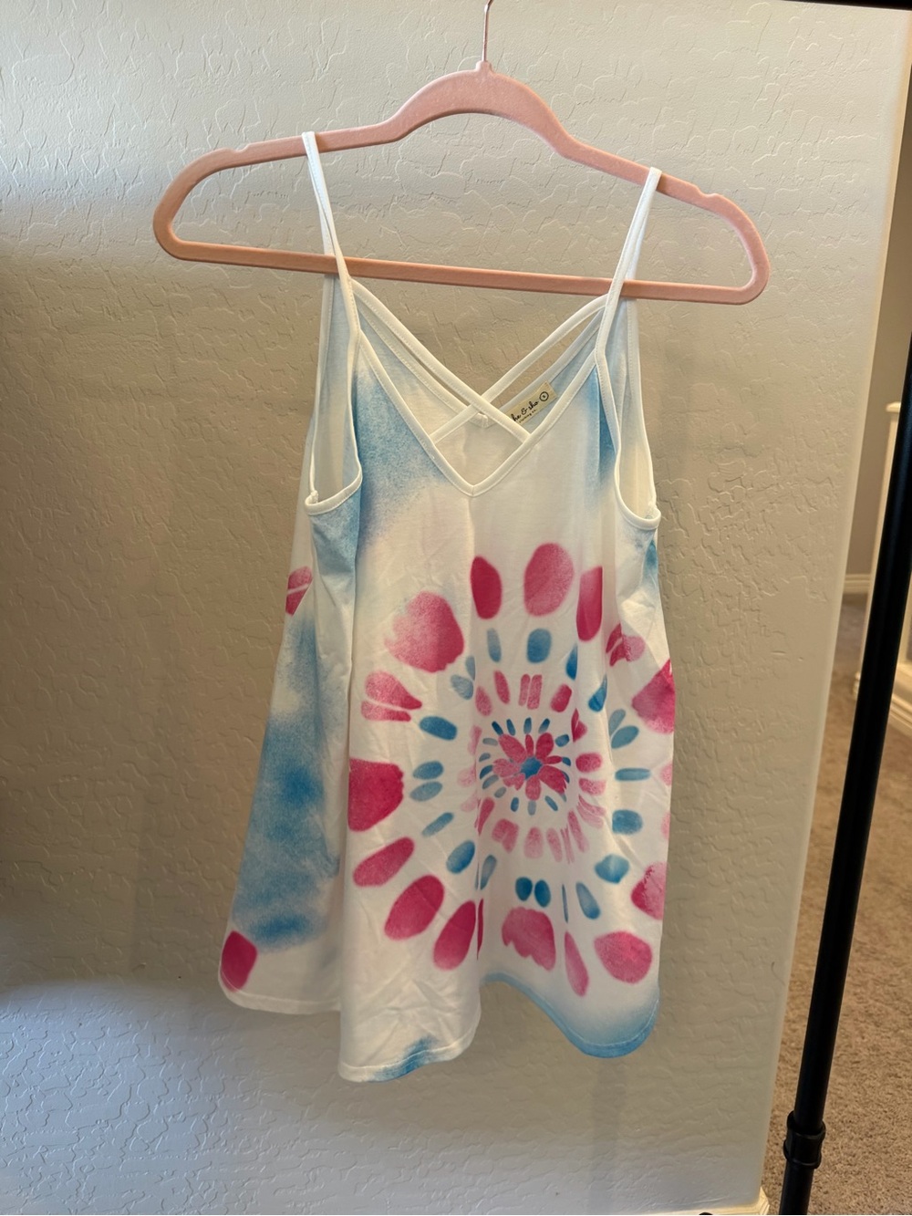 Tie-Dye V-Neck Spaghetti Strap Tank Top in White with Pink & Blue